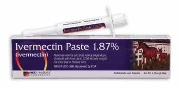 ivermectin Contents will treat up to 1250 lb body weight. anti-flammatory Ivermectin Paste 1.87% Anthelmintic and Boticide Removes worms and bots with a single dose. ANADA #200-390, Approved by FDA.