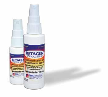Gentamicin a broad spectrum antibiotic with not less than 500 mcg Available in 60 ml, 120 ml, and 240 ml plastic spray bottle.