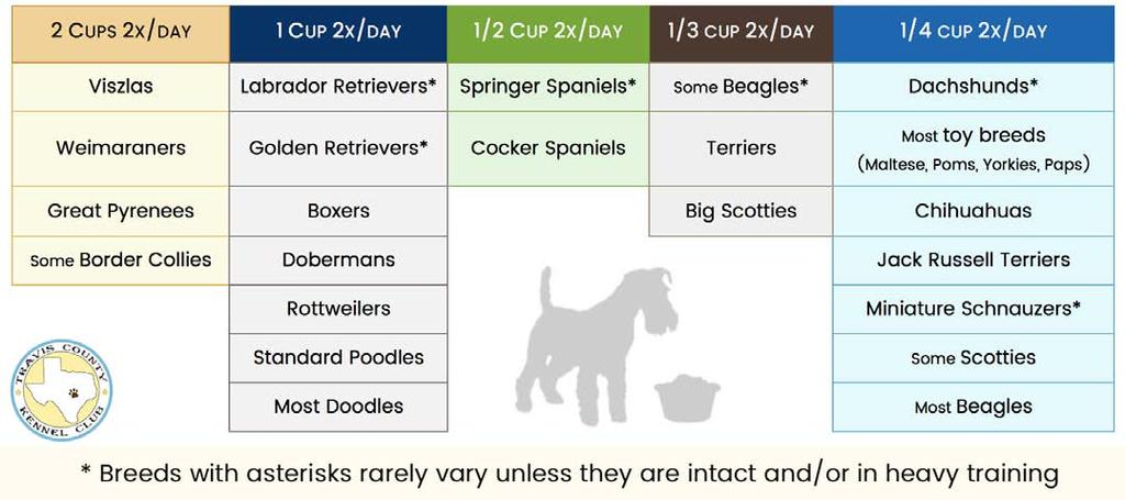 The following are the average amounts of food for various breeds. Once again these are based on an 8-ounce measuring cup (not a 32 oz Big Gulp cup). We realize some of these amounts seem very small.