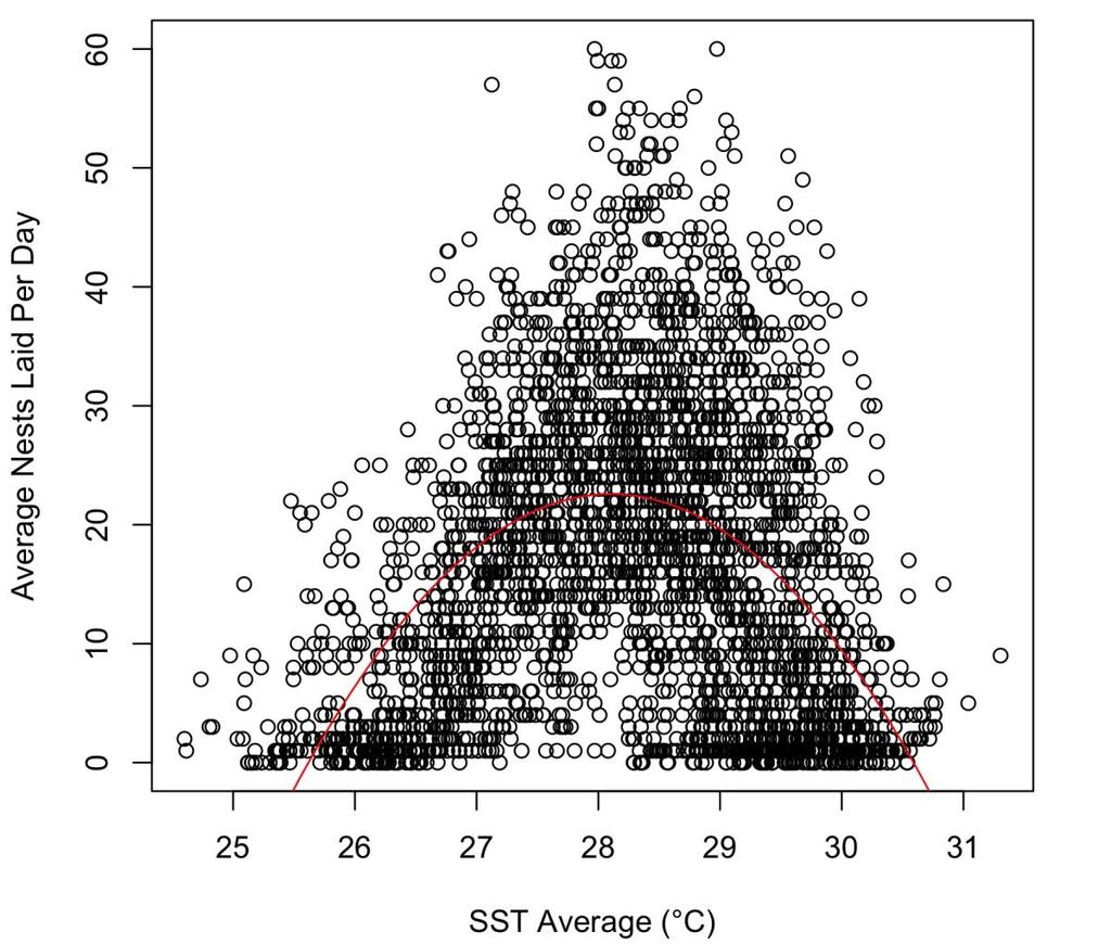 Figure 4: Average loggerhead nests laid per day compared to daily average sea surface temperature ( C). Polynomial model: y = -3.654X 2 + 205.401X 2,863.739, R 2 = 0.233, p < 0.