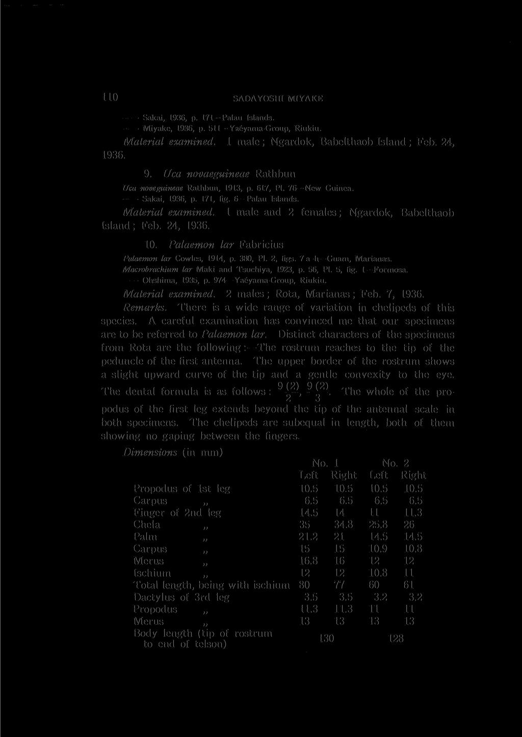 110 SADAYOSHI MIYAKE Sakai, 1936, p. 171-Palau Islands. Miyake, 1936, p. 511 Yaeyama-Group, Riukiu. Material examined. 1 male; Ngardok, Babelthaob Island ; Feb. 24, 1936. 9.