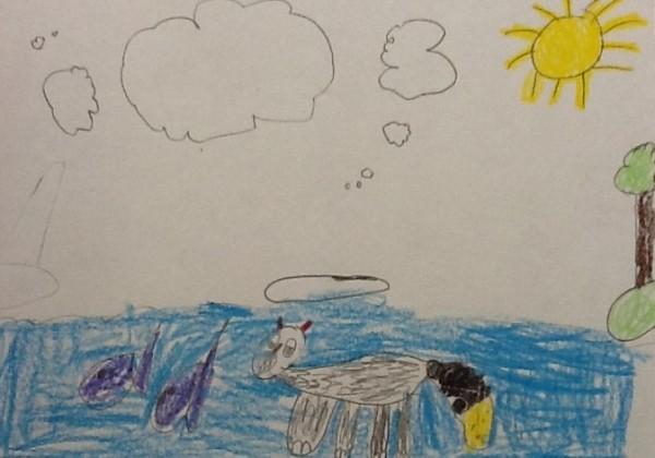 My animal is a polarguar. It eats fish and it lives in a cave. The polarguar is swimming in the water.