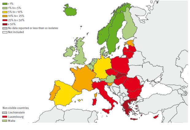 In 2011, the most alarming evidence of increasing antimicrobial resistance in Europe came from data on combined resistance to antimicrobial substances 16 in the pathogens E. coli and in K. pneumoniae.