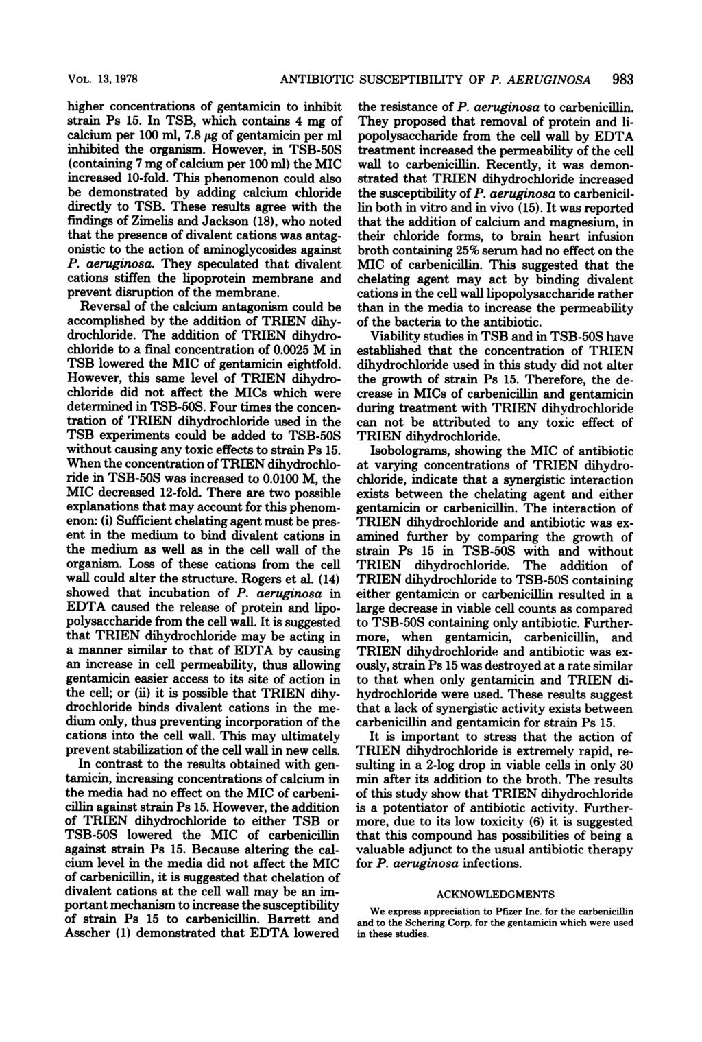 VOL. 13, 1978 higher concentrations of gentamicin to inhibit strain Ps 15. In TSB, which contains 4 mg of calcium per 100 ml, 7.8,ug of gentamicin per ml inhibited the organism.