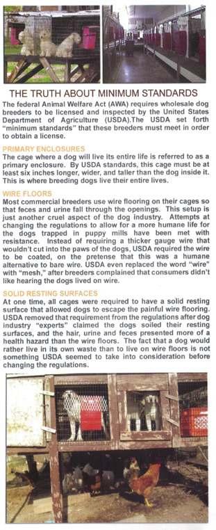 USDA Licensing The USDA inspects breeding and brokering facilities for their compliance under the Animal Welfare Act, which covers basic standards of animal housing, food, water, ventilation, and