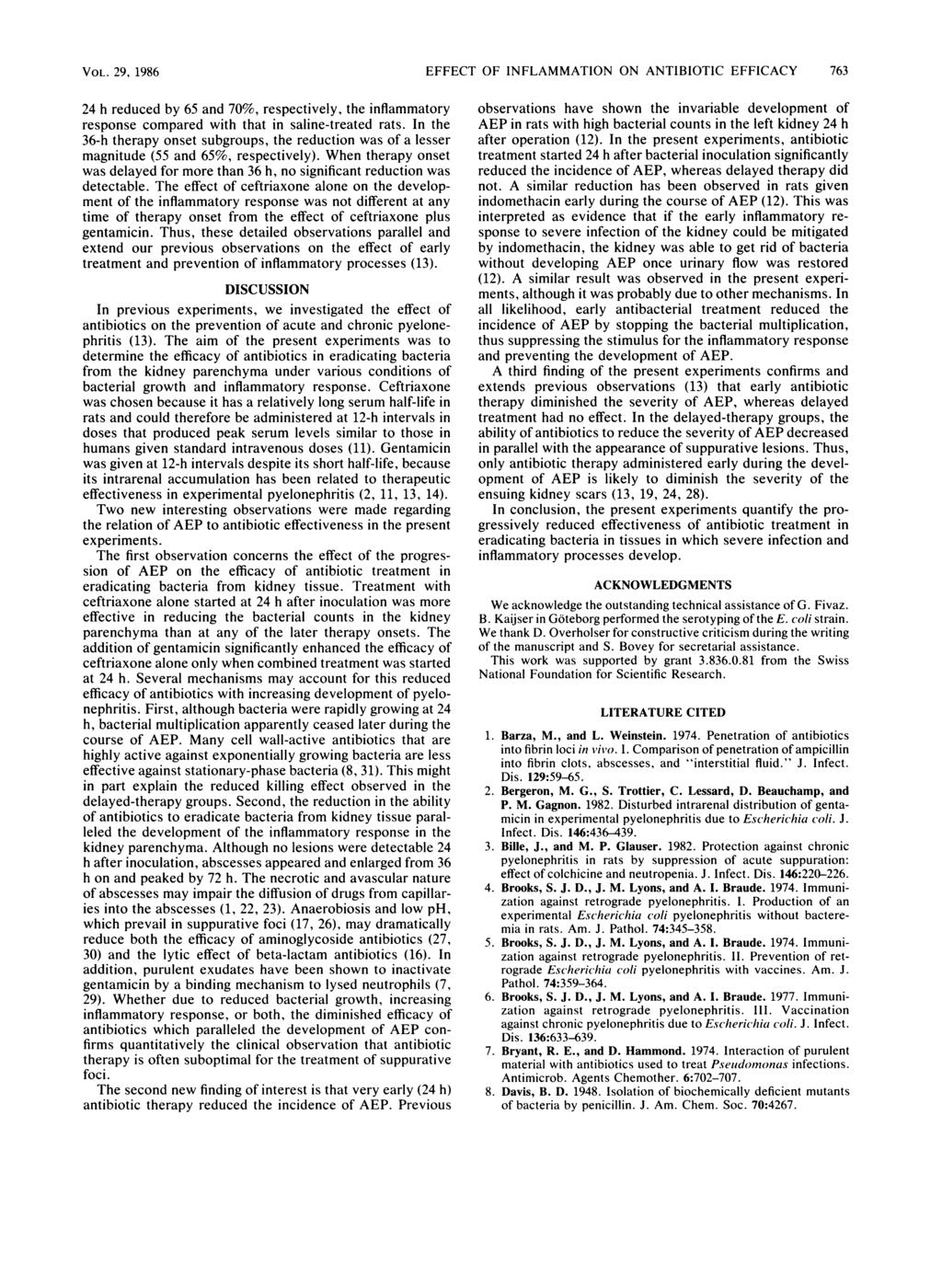 VOL. 29, 1986 EFFECT OF INFLAMMATION ON ANTIBIOTIC EFFICACY 763 24 h reduced by 65 and 70%, respectively, the inflammatory response compared with that in saline-treated rats.