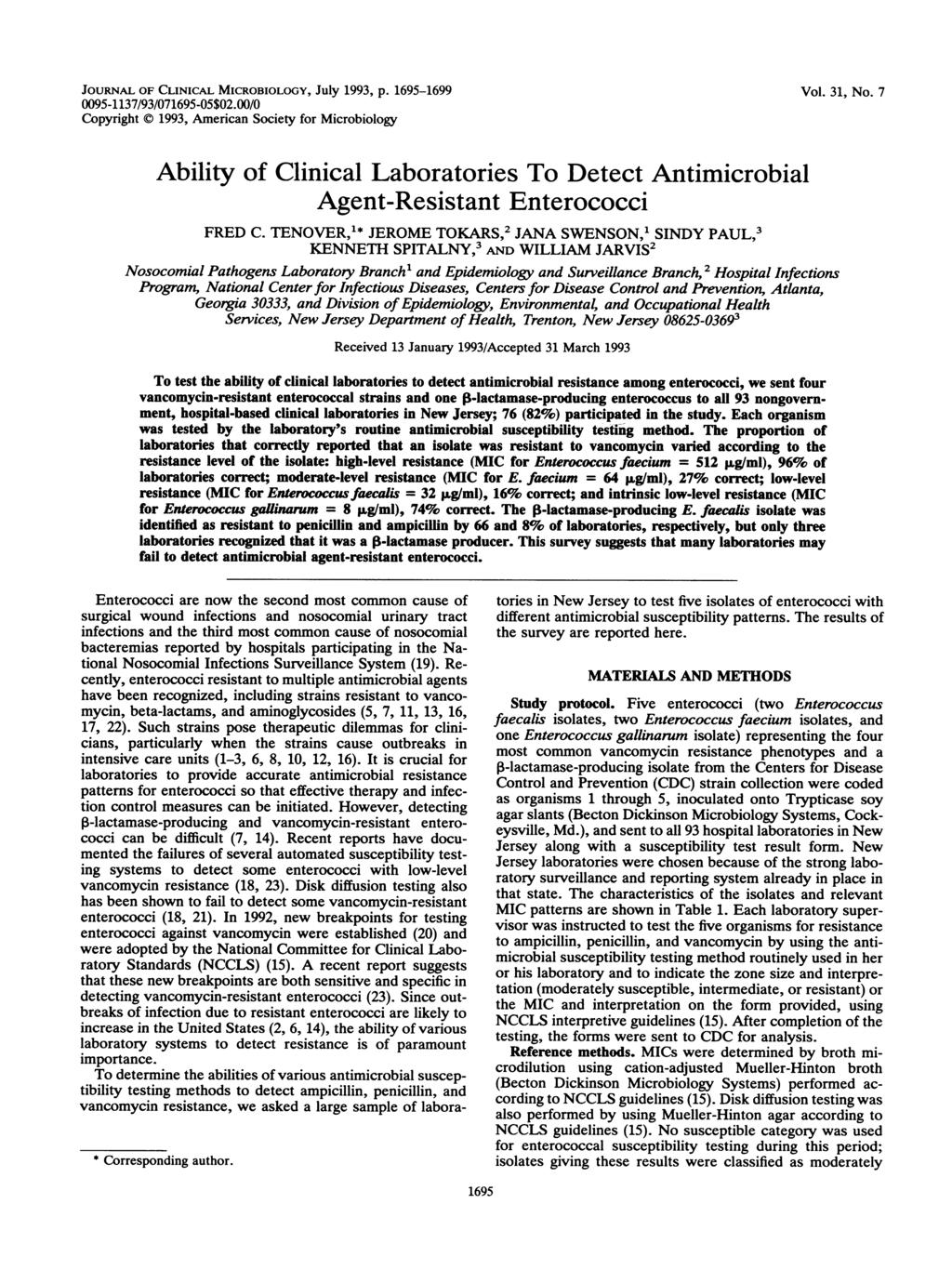 JOURNAL OF CLINICAL MICROBIOLOGY, July 1993, p. 1695-1699 0095-1137/93/071695-05$02.00/0 Copyright 1993, American Society for Microbiology Vol. 31, No.