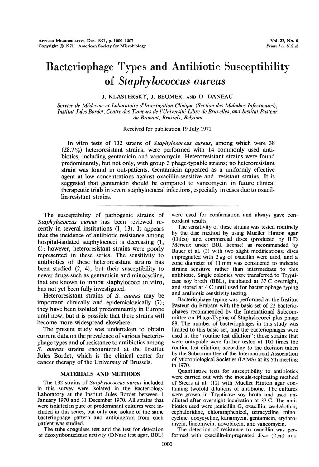 APPLIED MICROBTOLOGY, Dec. 97, p. -7 Copyright ( 97 American Society for Microbiology Vol., No. 6. Printed in U.S.A. Bacteriophage Types and Antibiotic Susceptibility of Staphylococcus aureus J.