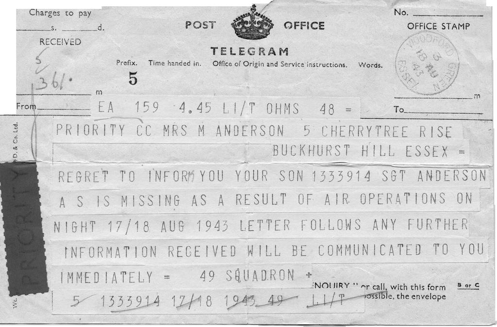 When my Mother was informed by telegram that I was missing she had no idea if I had been killed or had survived.