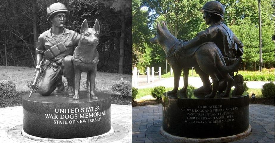 Dedicated on June 10, 2006, this U.S. War Dogs Memorial, located at the New Jersey Vietnam Veterans' Memorial in Holmdel, N.J., is a bronze statue of a kneeling Vietnam War soldier and his dog, set on a black granite base.