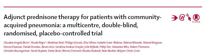 org/10.1016/s0140-6736(14)62447-8 Randomized, double blind trial in Switzerland 785 adult inpatients received 50 mg prednisone daily x 7 days or placebo Primary outcome clinical stability: 3.