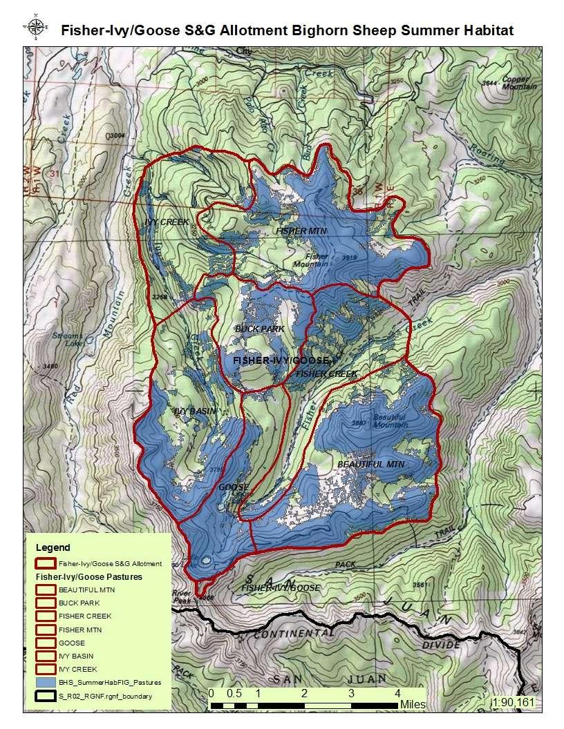 CHHR Figure 5: Bighorn Sheep summer source habitat map (9,304 acres or 49% of the