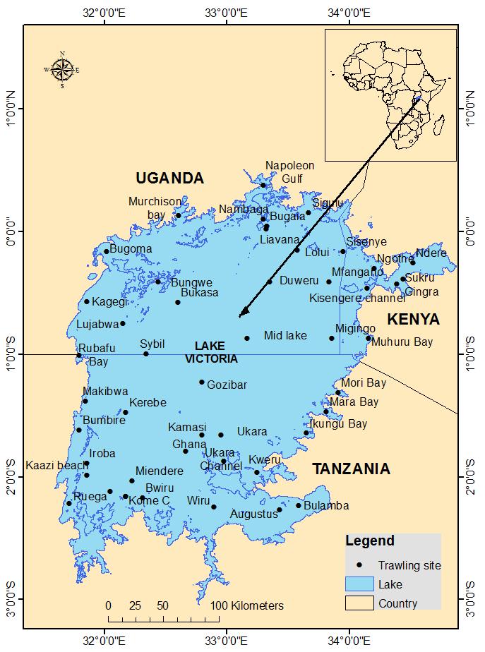 Figure 1. Map of Lake Victoria riparian countries and main trawling sites (LVFO, 2009) 2.