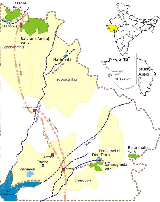 River, Banas River and Dev- Dhadhar River, respectively and the remaining two water bodies; Kanewal and Pariej are water tank type water bodies and are filled by the waters of Mahi and Narmada