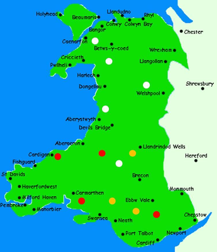 Figure 1: A map of Wales showing the participating farms locations. White dots indicate the farms have never reported any problems with the efficacy of TCBZ.