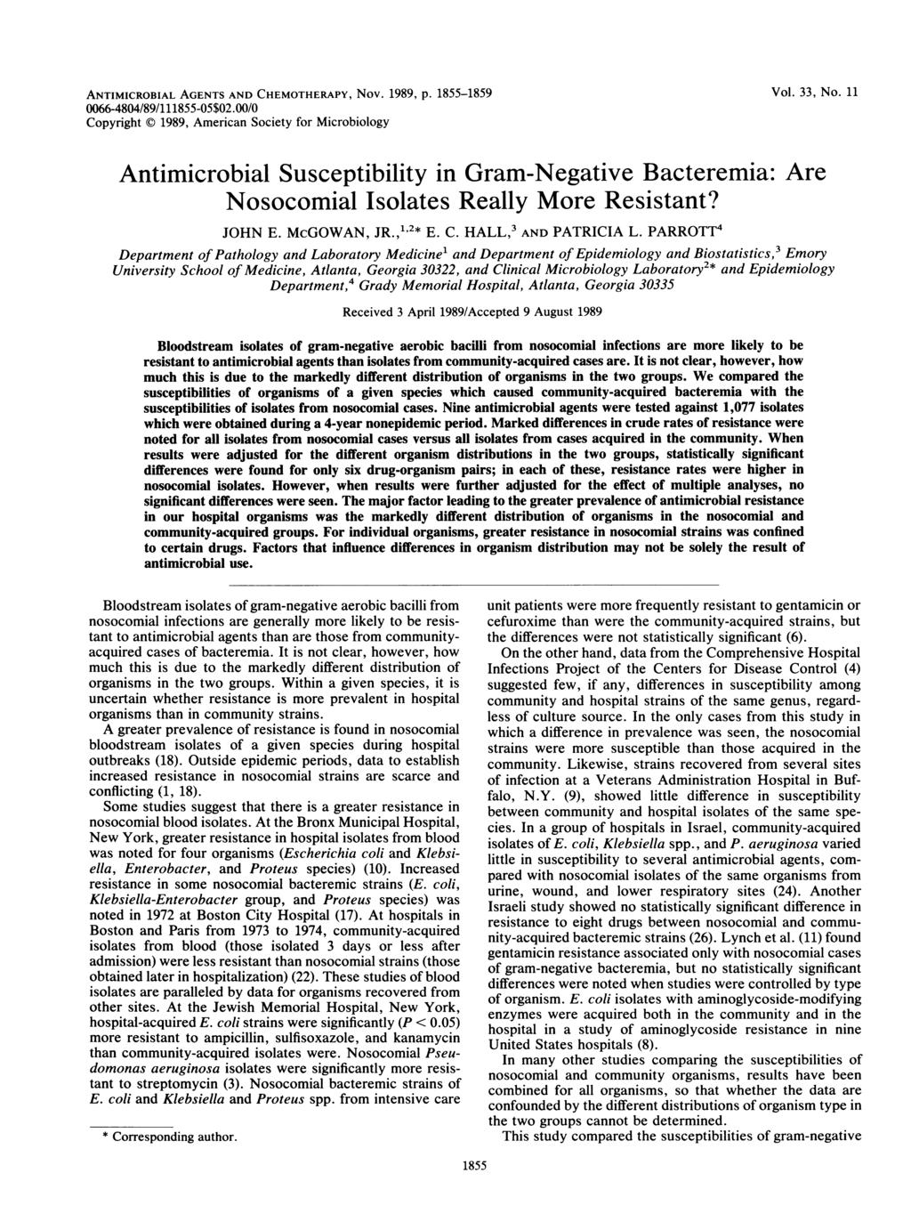 ANTIMICROBIAL AGENTS AND CHEMOTHERAPY, Nov. 1989, p. 1855-1859 0066-4804/89/111855-05$02.00/0 Copyright 1989, American Society for Microbiology Vol. 33, No.