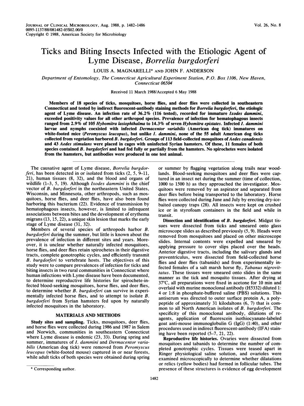 JOURNAL OF CLINICAL MICROBIOLOGY, Aug. 1988, p. 1482-1486 0095-1137/88/081482-05$02.00/0 Copyright 1988, American Society for Microbiology Vol. 26, No.
