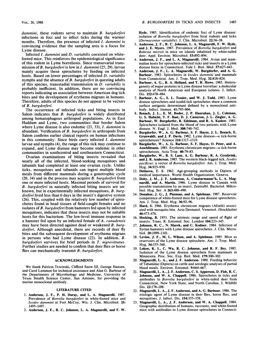 VOL. 26, 1988 dammini, these rodents serve to maintain B. burgdorferi infections in foci and to infect ticks during the warmer months. Therefore, the presence of infected I.