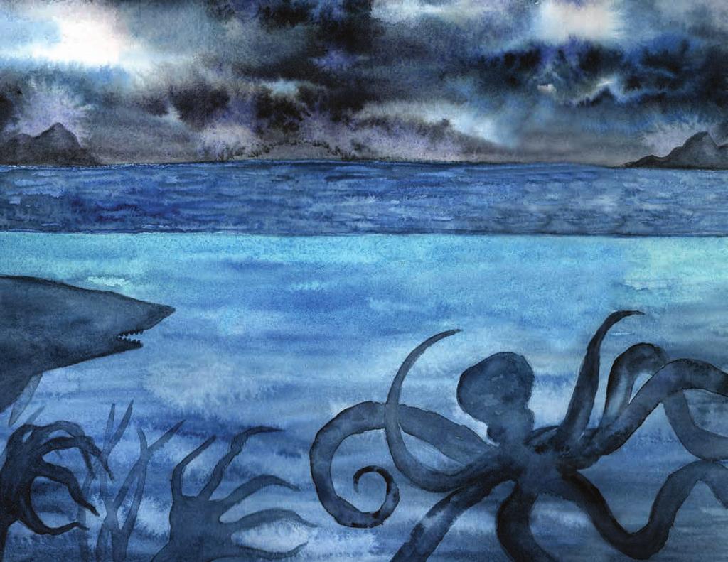After the storm, the sea became calm once more. Duffy found herself surrounded by strange shadows and unknown creatures that slid past her in the dark and murky waters.