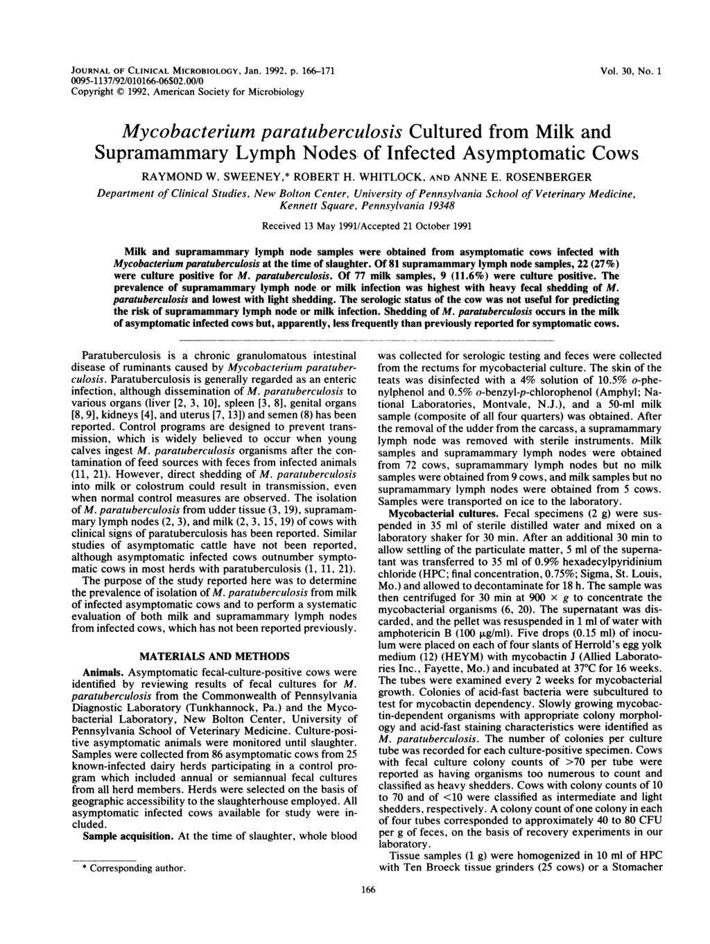 JOURNAL OF CLINICAL MICROBIOLOGY, Jn. 1992, p. 6-171 95-1137/92/16-6$2./ Copyright C 1992, Americn Society for Microbiology Vol. 3, No.