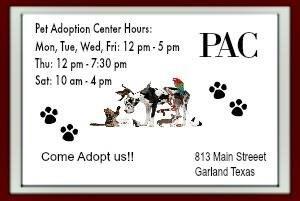 Garland Pawsibilities News We are always in need of volunteers to help staff the Pet Adoption Center (PAC) at 813 Main Street in downtown Garland.