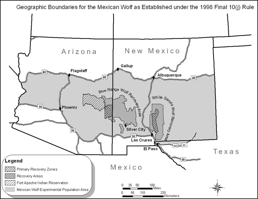 Figure 1 Geographic boundaries for the Mexican Wolf under the 1998 Final Rule under section 10(j) of the Endangered Species Act.