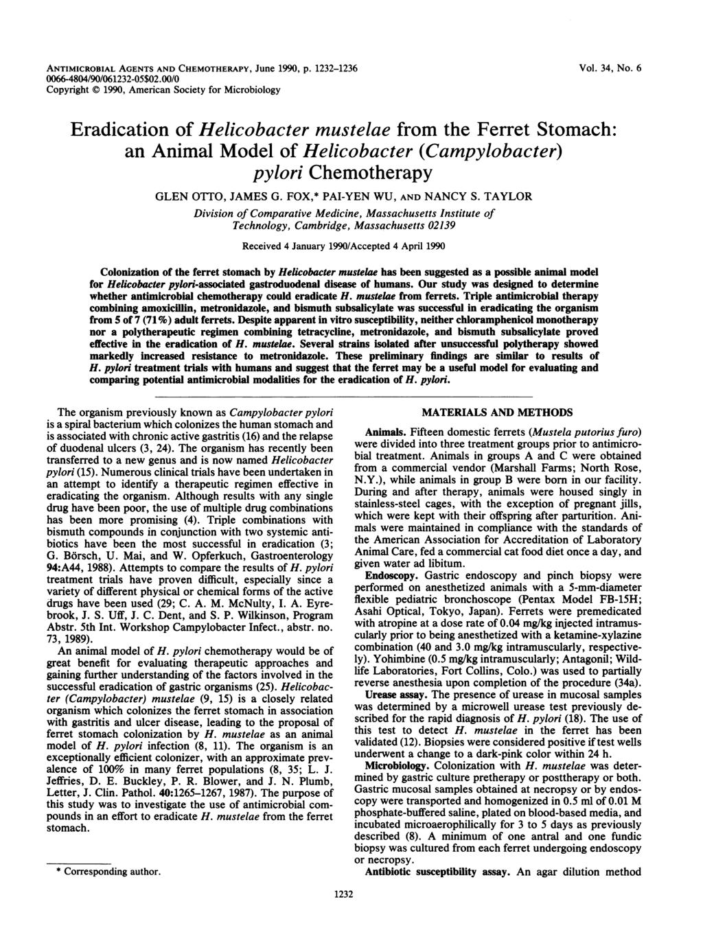 ANTIMICROBIAL AGENTS AND CHEMOTHERAPY, June 1990, p. 1232-1236 Vol. 34, No. 6 0066-4804/90/061232-05$02.