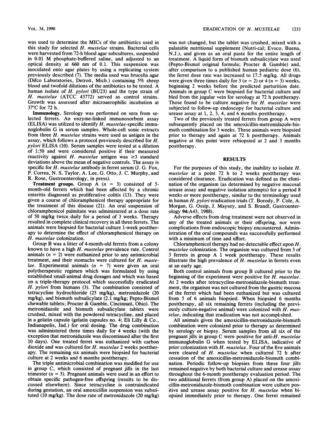 VOL. 34, 1990 was used to determine the MICs of the antibiotics used in this study for selected H. mustelae strains. Bacterial cells were harvested from 72-h blood agar subcultures, suspended in 0.