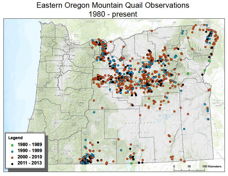 Figure 1. Documented mountain quail observations in eastern Oregon from 1980-2013.