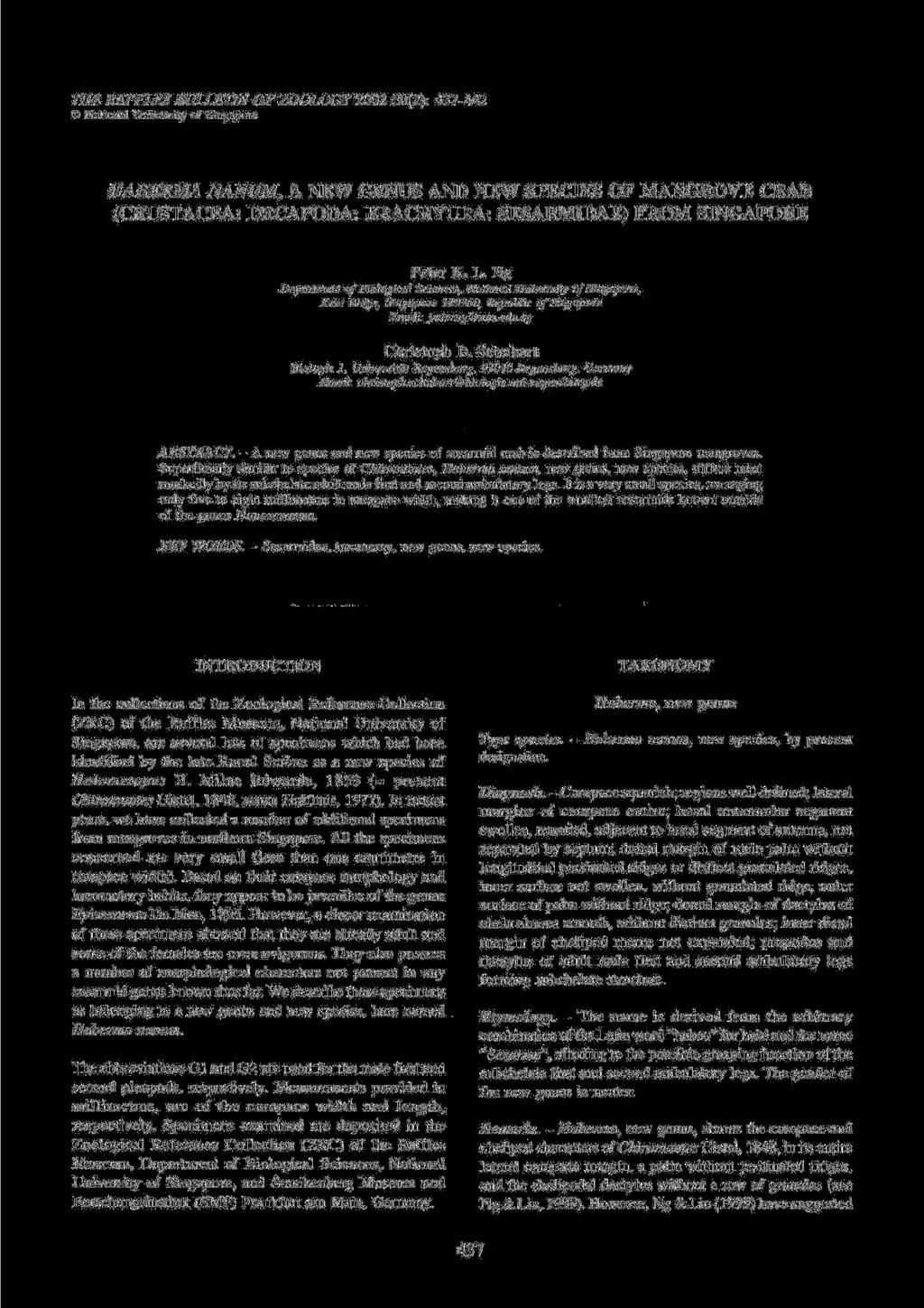 THE RAFFLES BULLETIN OF ZOOLOGY 2002 50(2): 437-442 National University of Singapore HABERMA NANUM, A NEW GENUS AND NEW SPECIES OF MANGROVE CRAB (CRUSTACEA: DECAPODA: BRACHYURA: SESARMIDAE) FROM