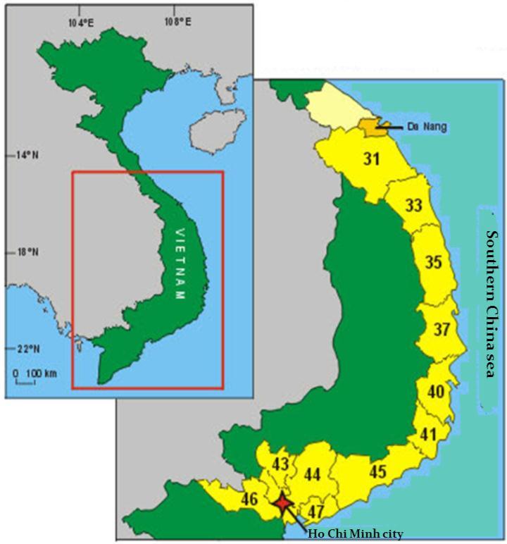 Updated map of provinces where Leiolepis guttata is reared 31. Quang Nam, 33. Quang Ngai, 35. Binh Dinh, 37. Phu Yen, 40. Khanh Hoa, 41. Ninh Thuan, 43.