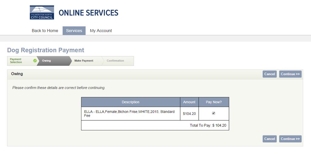 6. The fees for each dog registered to the owner logged on are displayed (as shown below).