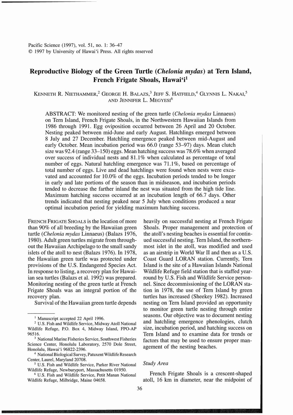 Pacific Science (1997), vol. 51, no. 1: 36-47 1997 by University of Hawai'i Press.