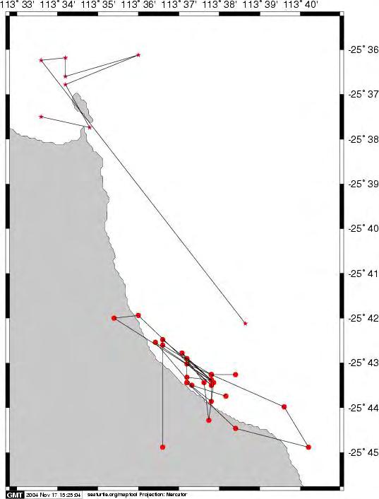 Figure 3. Tracks from two female loggerhead turtles equipped with SPOT4 satellite tags in the Eastern Gulf of Shark Bay (starting points denoted by an arrow).