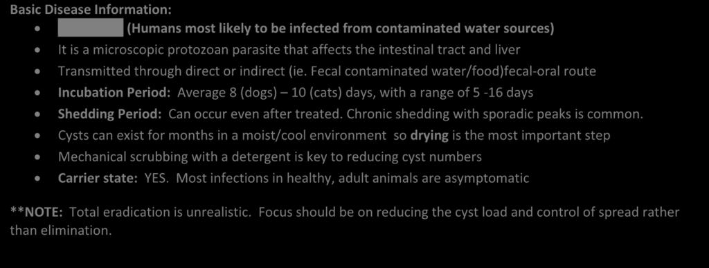 Infectious Disease Protocol: Giardia Basic Disease Information: ZOONOTIC (Humans most likely to be infected from contaminated water sources) It is a microscopic protozoan parasite that affects the