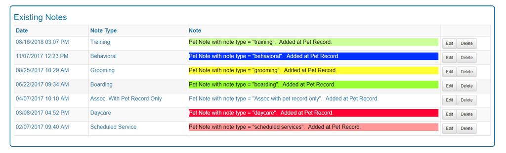 Here is an example of a pet record with a note of each note type, each one using a unique note style.