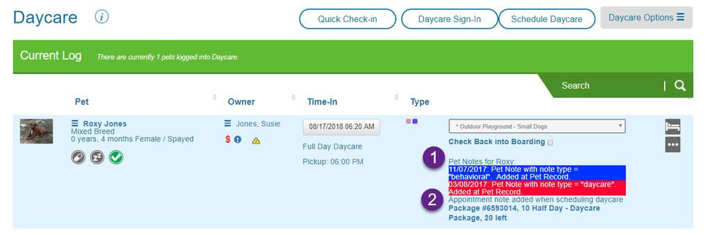 Daycare dashboard showing pet 