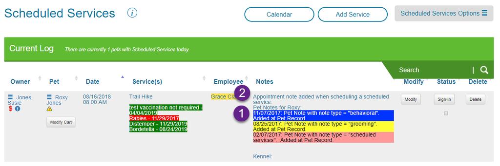 Scheduled service dashboard showing pet notes and appointment notes: Only