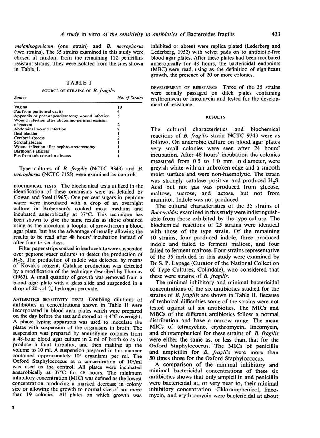 A study in vitro of the sensitivity to antibiotics of Bacteroides fragilis melaninogenicum (one strain) and B. necrophorus (two strains).