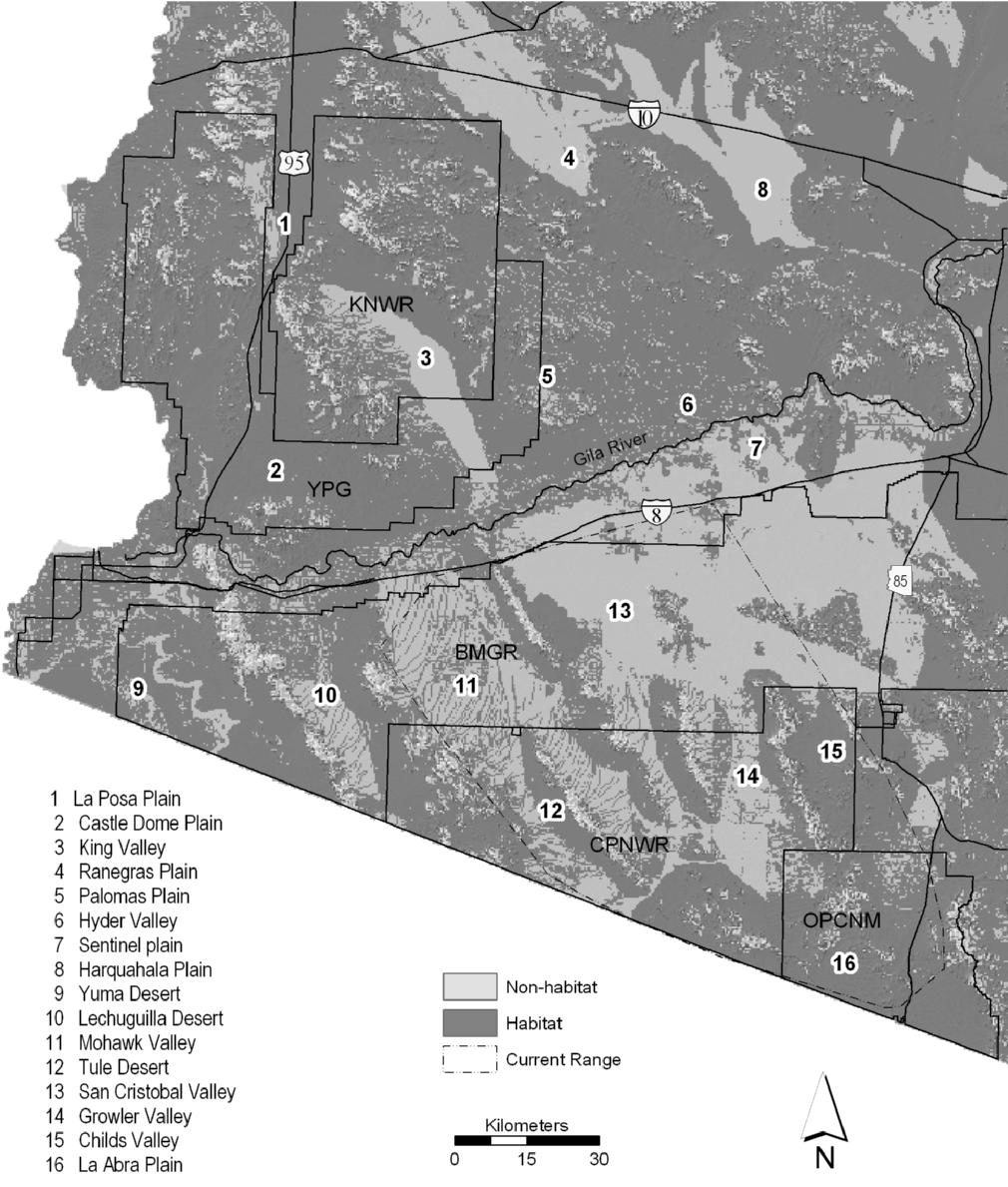 30 Wildlife Society Bulletin 2005, 33(1):24 34 Figure 3. Map of potential Sonoran pronghorn habitat in southwestern Arizona, USA, identified by CART model. Current range is delineated by the 100% MCP.
