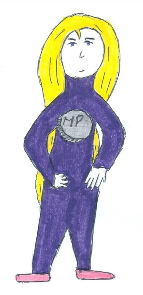 Appareance : Her name of super hero is Mrs Purple. She has a round head and long blond hair. She has small ears. She has blue eyes and a small nose. She doesn t have a mask.