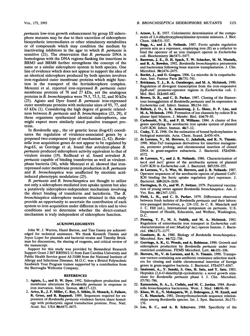 VOL. 175, 1993 pertussis low-iron growth enhancement by group III siderophore mutants may be due to their excretion of siderophore biosynthetic intermediates or other stimulatory metabolites or of