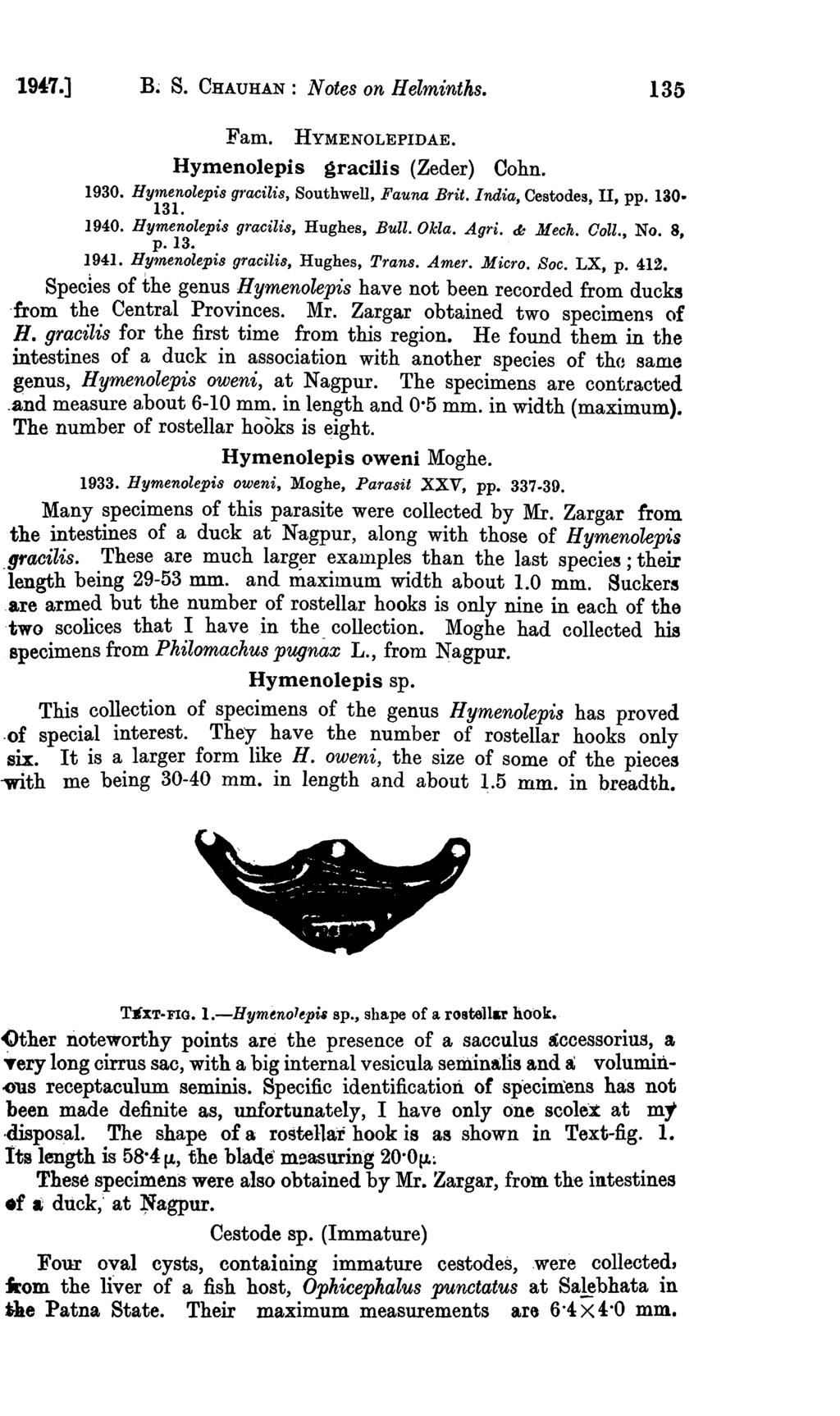 194:7.] B~ S. CHAUHAN: Notes on Helminths. 135 Fam. HYMENOLEPIDAE. Hymenolepis gracilis (Zeder) Cohn. 1930. Hymenolepis g'racilis, Southwell, Fauna Brit. India, Cestodes, II, pp. 130-131. 1940.