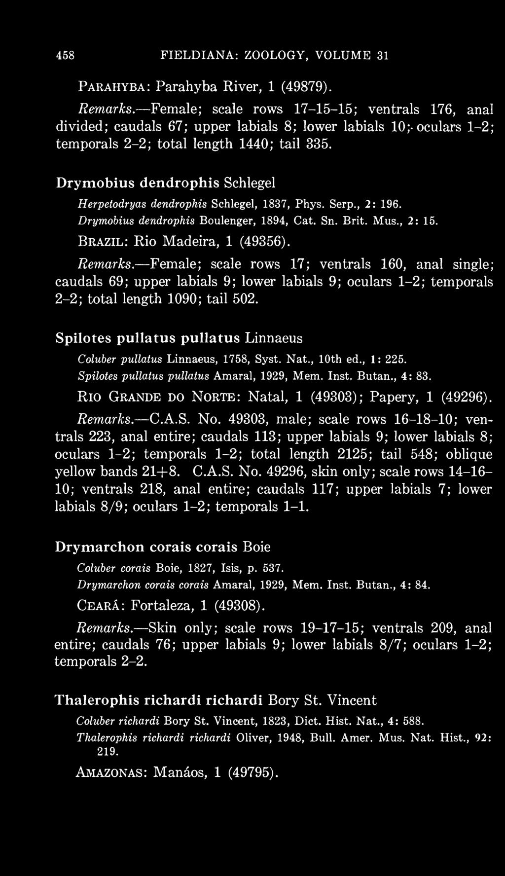 Spilotes pullatus pullatus Linnaeus Coluber pullatus Linnaeus, 1758, Syst. Nat., 10th ed., 1 : 225. Spilotes pullatus pullatus Amaral, 1929, Mem. Inst. Butan., 4: 83.