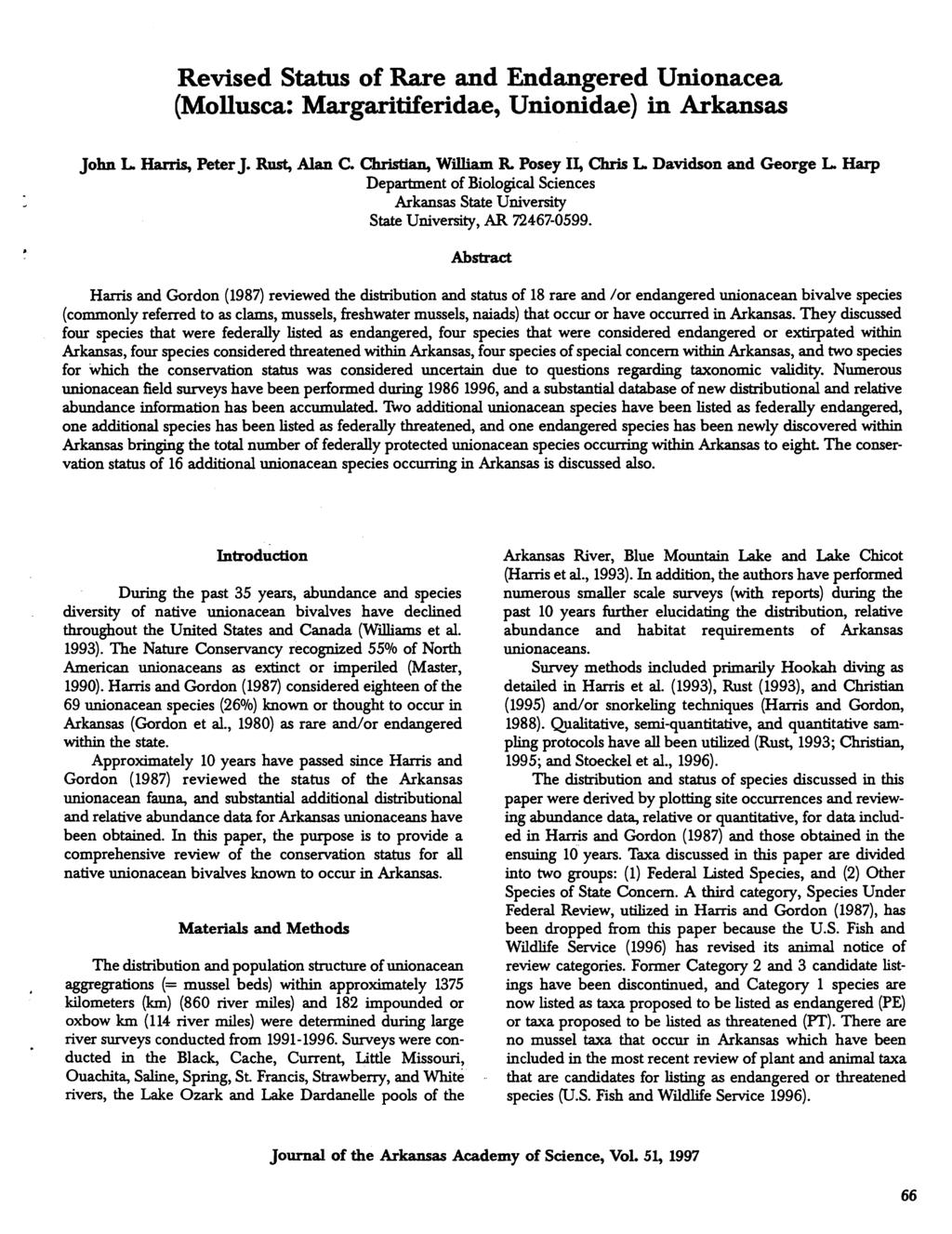 Revised Status of Rare and Endangered Unionacea (Mollusca: Margaritiferidae, Unionidae) in Arkansas John L Harris,Peter J. Rust, Alan C. Quistian, William R Posey II, Chris L.Davidson and George L.