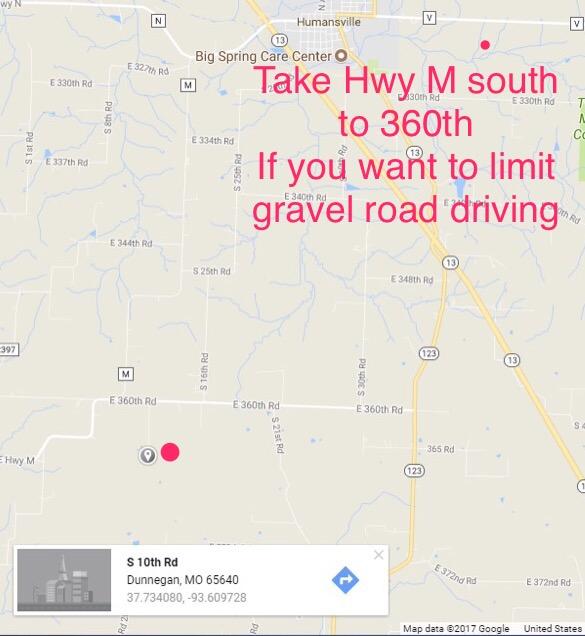 Directions From Motel's in Bolivar: Use directions going North. This is best option for RV's. Predominately ashpalt highway. From Hwy 13 take Hwy N west almost 1 mile to Hwy M.