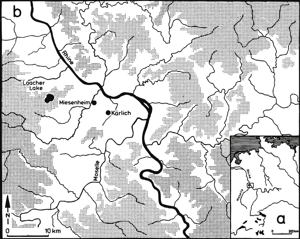 HOLMAN AND VAN KOLFSCHOTEN: PLEISTOCENE HERPETOFAUNAS FROM KÄRLICH FIGURE1. Map with the geographical position of the Kärlich (Neuwied Basin, Germany) locality. 1a.