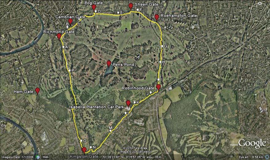 Bioscience Horizons Volume 4 Number 2 June 2011 Research article Figure 2. Map of Richmond Park (Google TM earth map) depicting the Tamsin trail (yellow) and the 16 survey sites (red).