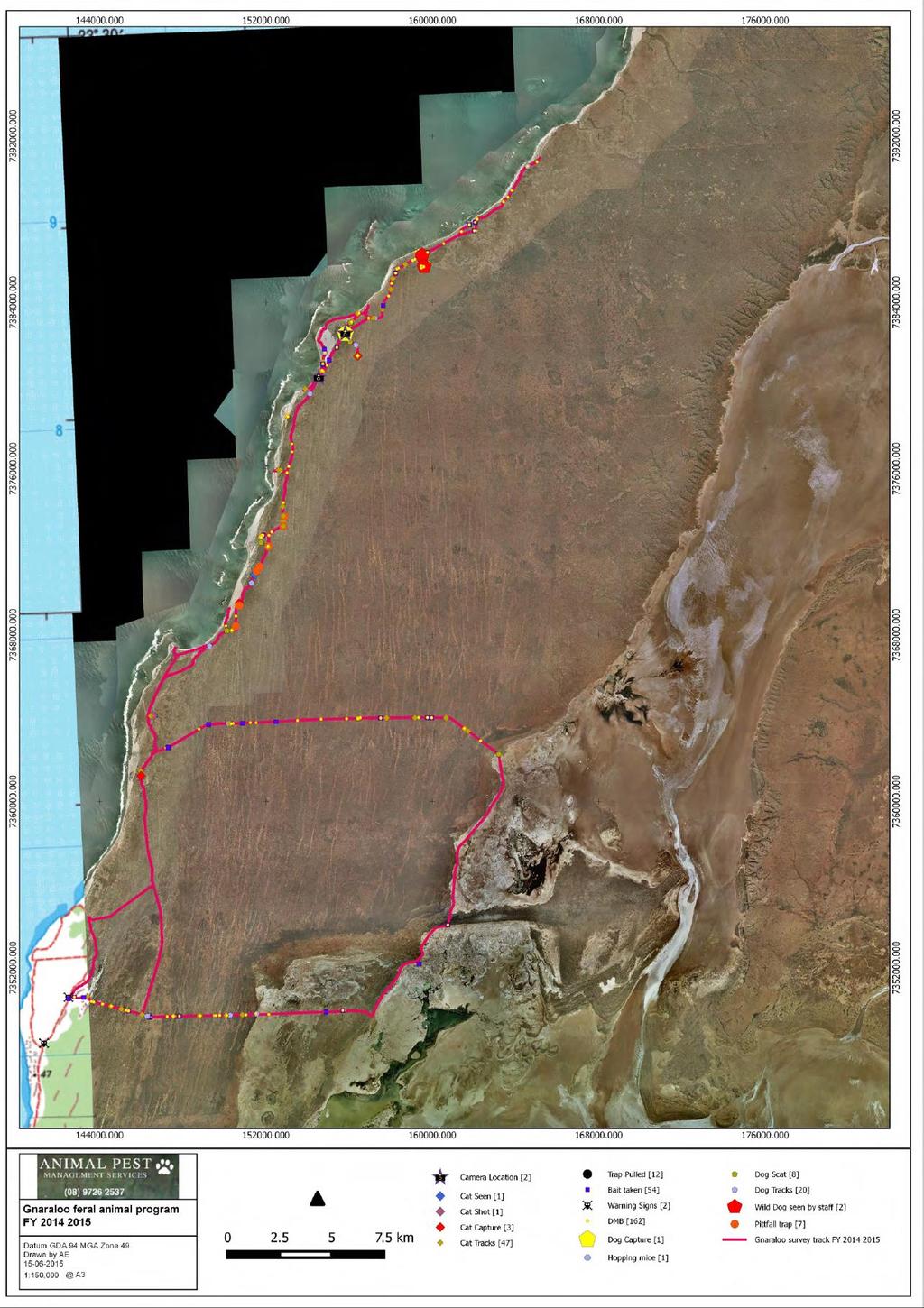 Map 5: Activities recorded by APMS on Gnaraloo during 2014/15 Map