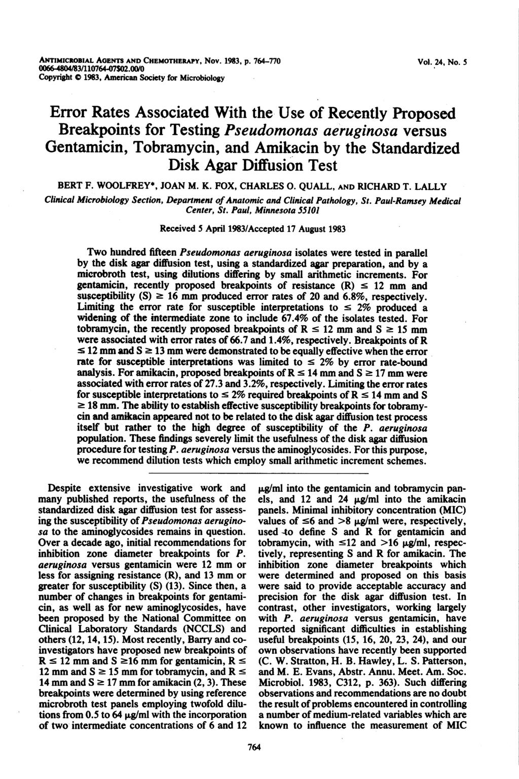 ANTIMICROBIAL AGENTS AND CHEMOTHERAPY, Nov. 1983, p. 764-770 00664804/83/110764-07$02.00/0 Copyright C 1983, American Society for Microbiology Vol. 24, No.